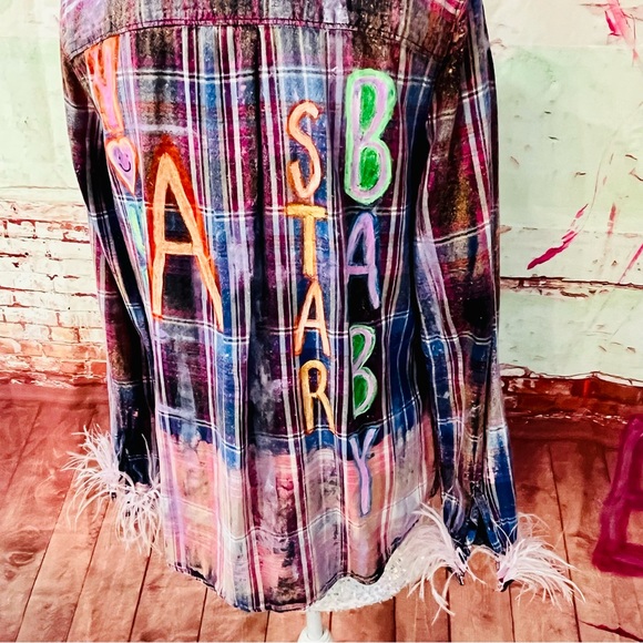 REWORKED VINTAGE FLANNEL DISTRESSED HAND PAINTED  w OSTRICH FEATHER CUFFS - Picture 5 of 7